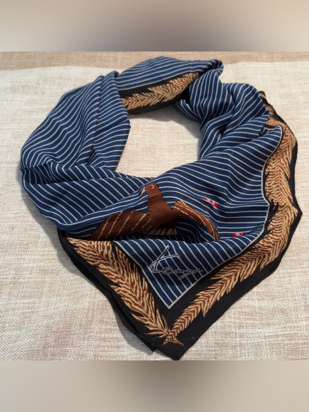 Kenzo #010 Navy Striped Scarf silk with Brown Equestrian Motif